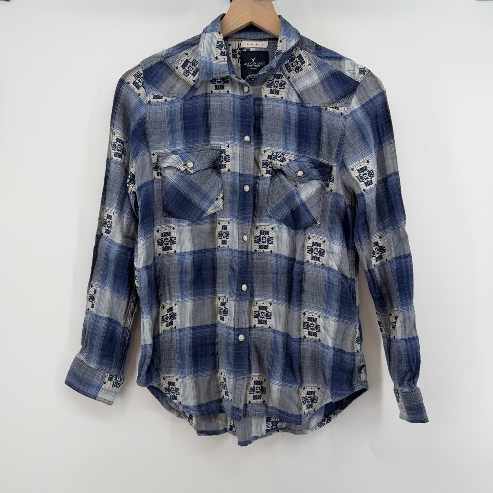 American Eagle Plaid Western Shirt Womens Small Blue Boyfriend Fit Pearl Snap